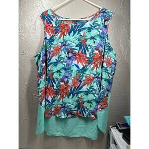 Sami & Jo Womens Plus Sleeveless Ruffle Blue Aqua Aoral Floral Blouse Size 3X